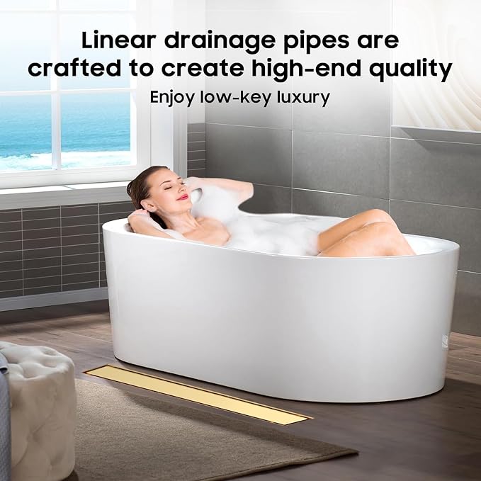 DLONE® Linear Shower Drain - 28 Inch Brushed Gold, with Tile Insert Panel | AISI 304 Stainless Steel Linear Drain, Rectangle Shower Floor Drain, with Adjustable Feet, Fits Bathroom & Balcony etc