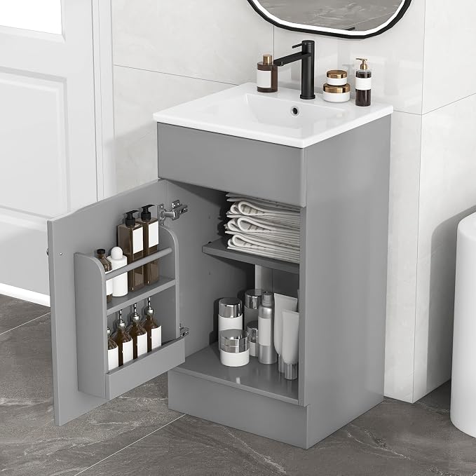 Christopher Knight Home Doreen 18" Bathroom Vanity with Ceramic Sink, Bathroom Vanity Cabinet with Door Organizer, Wooden Bathroom Storage Cabinet with Adjustable Shelf,Pedestal Sink with Storage,Grey