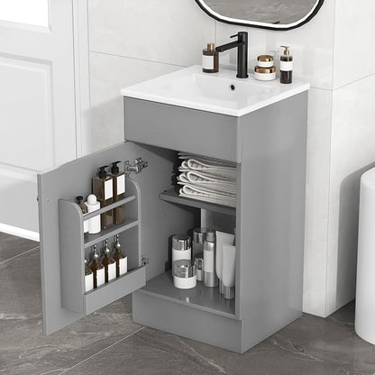 Christopher Knight Home Doreen 18" Bathroom Vanity with Ceramic Sink, Bathroom Vanity Cabinet with Door Organizer, Wooden Bathroom Storage Cabinet with Adjustable Shelf,Pedestal Sink with Storage,Grey