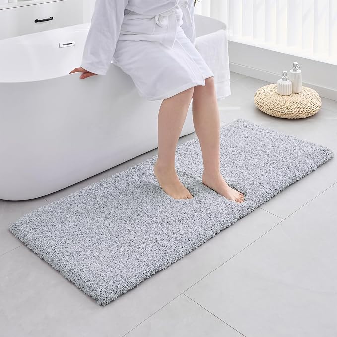 ILANGO Silver Bathroom Rugs 60" × 24" Non Slip & Super Absorbent Extra Thick Soft, Washable Bath Carpet Runner for Floor, Microfiber Plush Shaggy Bath Mats with Tub for Droom Bathtub Shower Room