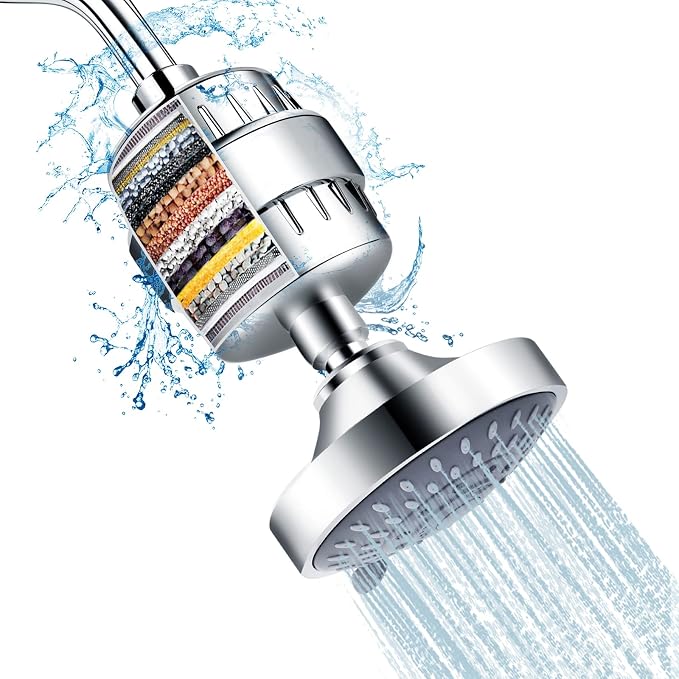 FEELSO Shower Head with Shower Filter, Filtered Shower Head for Hard Water | High Pressure, Anti-clog Nozzles, 5 Spray Showerhead, 15 Stage Water Softener Filters, Remove Chlorine and Harmful Substances