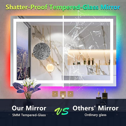 48x36 LED Bathroom Mirror with Lights, RGB Backlit Lighted Mirror | Backlit and Front Light, Anti-Fog, 3 Color Dimmable, Memory, Tempered Glass, IP54 Waterproof, UL Listed