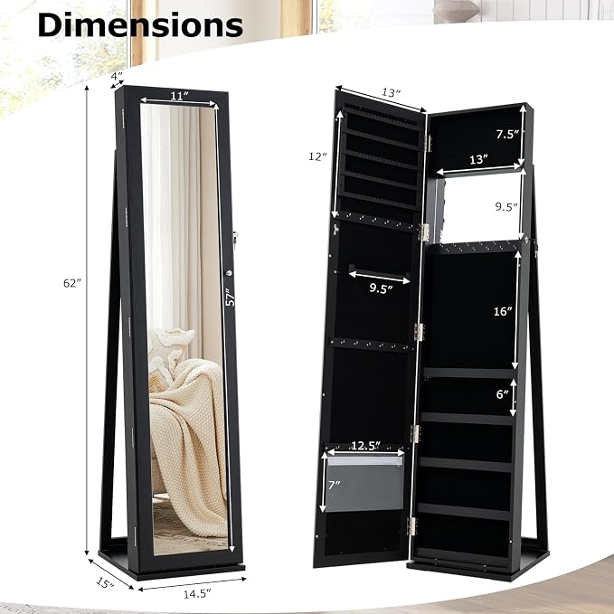CHARMAID Jewelry Armoire Cabinet with 62" Tall Full Length Mirror, Lockable Standing Jewelry Organizer with Large Storage Capacity, Inside Makeup Mirror, Stable Base, Easy Assembly (Black)