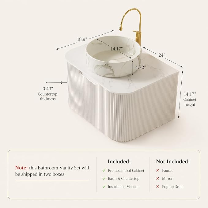 24 Inch Bathroom Vanity with Sink, Floating Wall Mounted Single Sink Vanity for Small Baths, White Curved Fluted Front, Stone Top, Marble-Look Round Vessel Basin, Pre-Assembled