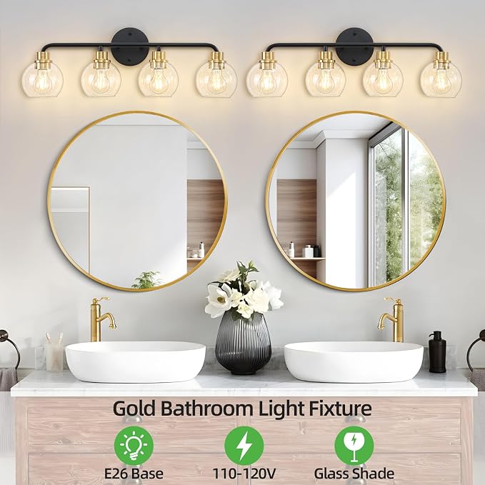 4 Light Bathroom Vanity Light, Black and Gold Bathroom Light Fixtures | with Clear Glass Shade Modern Wall Sconces Lighting Bath Wall Lights Lamp for Mirror Kitchen Living Room Bedroom Hallway