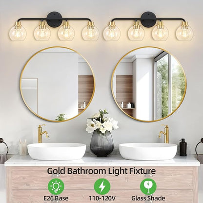 4 Light Bathroom Vanity Light, Black and Gold Bathroom Light Fixtures | with Clear Glass Shade Modern Wall Sconces Lighting Bath Wall Lights Lamp for Mirror Kitchen Living Room Bedroom Hallway