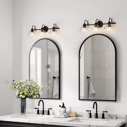 KSANA Black Bathroom Light Fixture, 3-Light Vanity Light with Large Opening Clear Glass Shade, Modern Farmhouse Wall Lamp Over Mirror