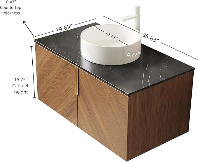 36 Inch Bathroom Vanity with Sink Combo, Floating Vanity Bathroom with Vessel Sink, Modern Bathroom Vanity Cabinet with Doors, Sintered Stone Countertop and Ceramic Sink,Brown Oak