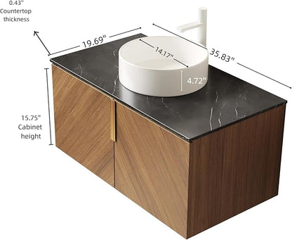 36 Inch Bathroom Vanity with Sink Combo, Floating Vanity Bathroom with Vessel Sink, Modern Bathroom Vanity Cabinet with Doors, Sintered Stone Countertop and Ceramic Sink,Brown Oak