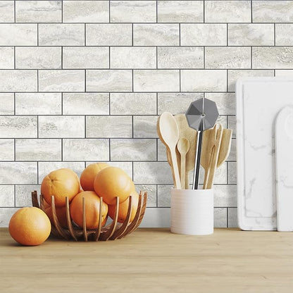 STICKGOO 20-Sheet Subway Tile Peel and Stick Backsplash - Beige Stone Texture With Grey Grout for Kitchen, Bathroom, RV, Fireplace - PVC Wall Tiles
