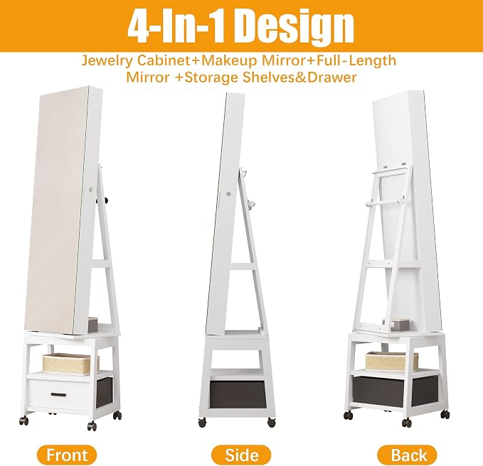 GAOMON 360° Swivel Jewelry Armoire, Floor Standing Locking with Full Length Mirror, Inside Makeup Mirror, Bottom Drawer, Rear Storage Shelves, Wheels, Cabinet with Large Storage Capacity, White