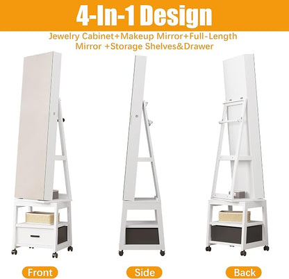 GAOMON 360° Swivel Jewelry Armoire, Floor Standing Locking with Full Length Mirror, Inside Makeup Mirror, Bottom Drawer, Rear Storage Shelves, Wheels, Cabinet with Large Storage Capacity, White