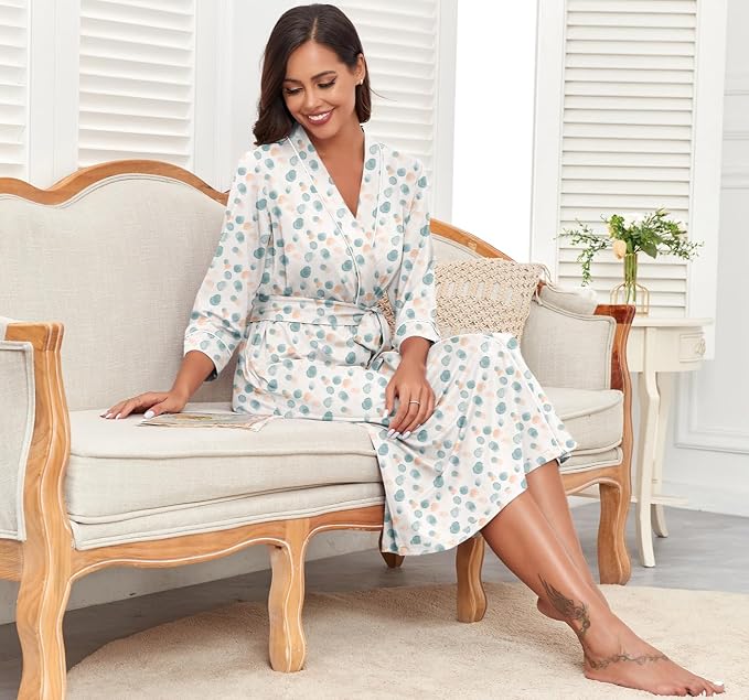 PrinStory Robes for Women 3/4 Sleeve Long Bath Robe XS-4XL | V-Neck Knit Bathrobe with Pockets, Lightweight, Soft, Breathable Robes for Shower, Spa, Travel, Home, Party, Nursing