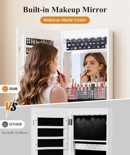 LVSOMT Over the Door Jewelry Organizer with Mirror Door Mirror with Storage | Jewelry Mirror Cabinet with Large Capacity, 6 LED Lights,Velvet Lining, Space-Saving for Bedroom, Cloakroom, Gift Women Girls
