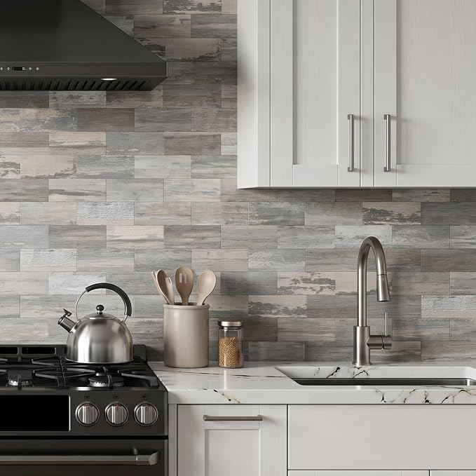 Yipscazo Peel and Stick backsplash 3 x 6 Inches 3D PVC Backsplash Wall Tile, Stick on Backsplash Tile for Kitchen Bathroom, Laundry Room, Fireplace(Light Wood, 32 Pieces)