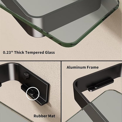 8-Inch Small Wall Shelf, Clear Tempered Glass with Matte Black Aluminum Frame – Sleek Floating Bathroom Organizer