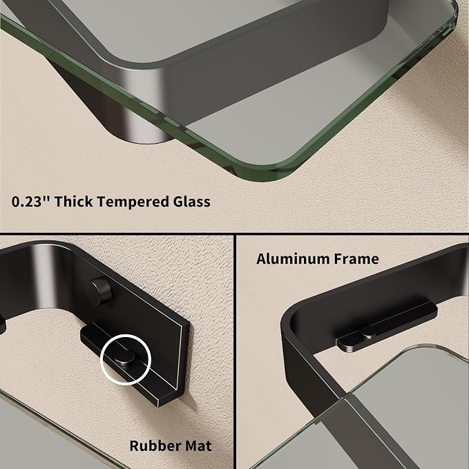20 Inch Long Floating Shelf Black, Clear Tempered Glass Wall Shelf - Spacious and Stylish Storage for Your Home