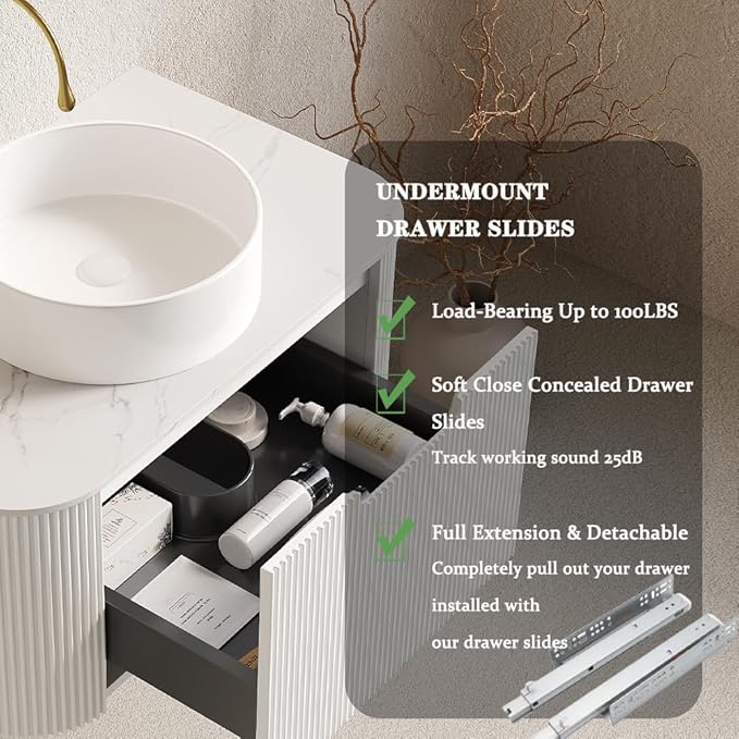 24'' Bathroom Vanities Cabinet with Sink Combo, Wall Mounted Floating Cabinet W/Curved Edges Stripes, Oak Plywood, Soft-Close System with a Drawer, White Round Ceramic Basin - Kiel, White