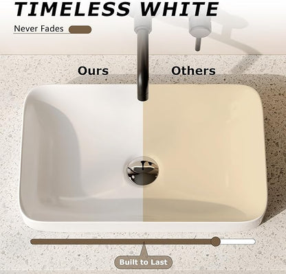 DeerValley 19" x 12" Semi-Recessed Ceramic Vessel Sink for Bathroom Vanity, Rectangular White Countertop Above Counter Basin with No Overflow Hole, Modern Bathroom Sink Bowl