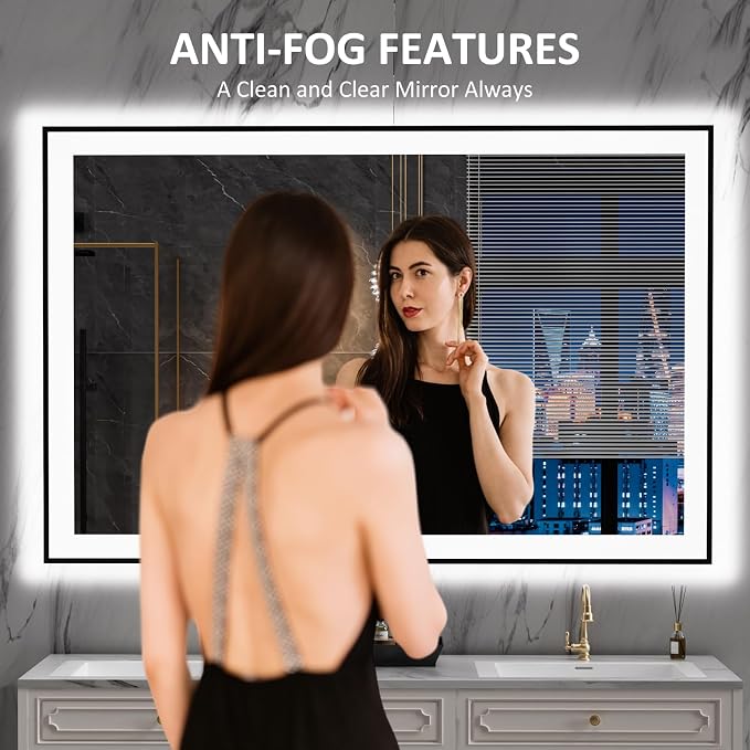 LOAAO 55"X36" LED Bathroom Mirror Black Framed | Anti-Fog, Dimmable, Memory Function, Tempered Glass, Lighted Vanity Mirror for Wall