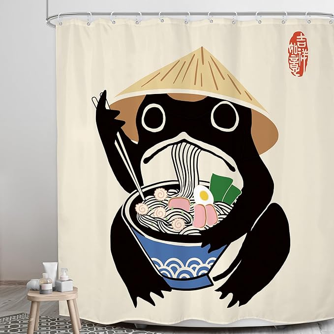 LGhtyro Funny Frog Shower Curtain Bathroom Set 71Wx71H Inches Retro Cute Animal Asian Traditional Japanese Noodles Strawhat Vintage Bath Accessories Kids Children Art Home Decor Fabric 12 Pack Hooks