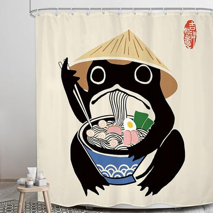 LGhtyro Funny Frog Shower Curtain Bathroom Set 71Wx71H Inches Retro Cute Animal Asian Traditional Japanese Noodles Strawhat Vintage Bath Accessories Kids Children Art Home Decor Fabric 12 Pack Hooks