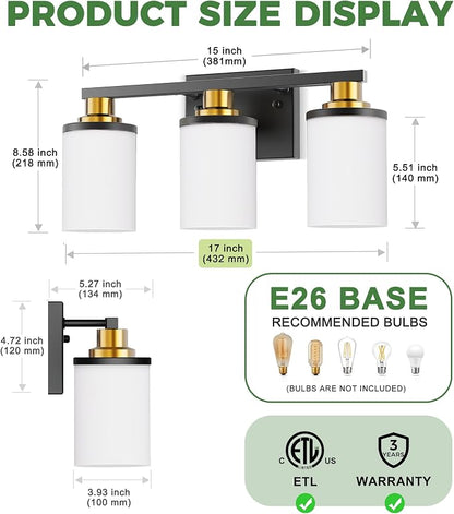 17 Inch Bathroom Light Fixtures, 3-Light Black and Gold Bathroom Lighting Fixtures Over Mirror with Milk Glass Shade, Vanity Lights for Living Room Bedroom