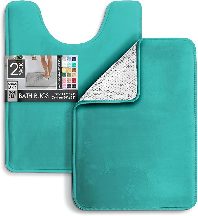 Clara Clark 2 Piece Bathroom Rugs, Velvet Memory Foam Bath Mat Set, Non-Slip Bath Rugs, Machine Wash, Dries Quickly, Ultra Soft Plush Bath Mats for Bathroom, 17 x 24 + Contour, Teal Blue