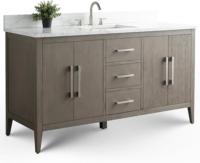 Vanity Art 60 inch Bathroom Vanity with Single Sink & Ceramic Top, Vanity Cabinet with Soft-Closing Doors, Drawers, Solid Wood Frame, Driftwood Gray, VA9060-SDG-BN1