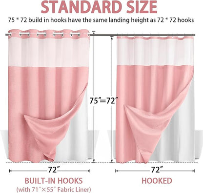 No Hook Shower Curtain and Liner Set,Pink Hotel Waffle Shower Curtain with Liner 75" L x 72" W