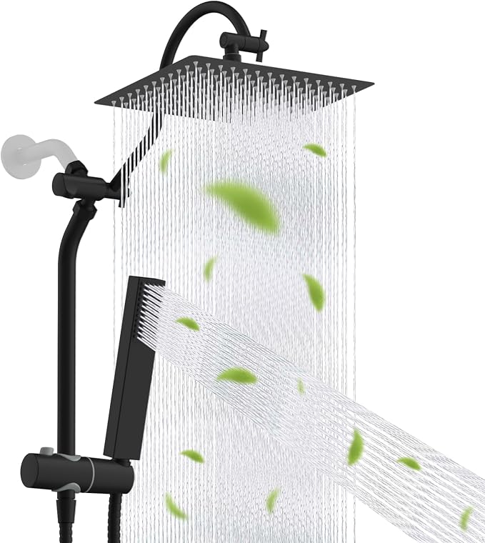 Hibbent 12'' Rainfall Shower Head with 4-mode Handheld Spray, Matte Black | cUPC Certified High Pressure Showerhead Combo, 12'' Adjustable Extension Arm, Extension Bar, Easy Reach Holder, 71'' Hose