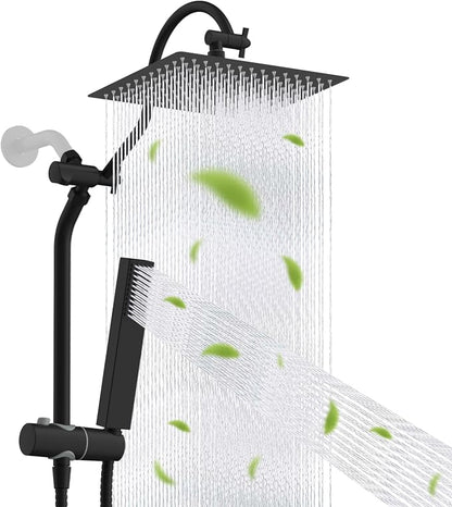 Hibbent 12'' Rainfall Shower Head with 4-mode Handheld Spray, Matte Black | cUPC Certified High Pressure Showerhead Combo, 12'' Adjustable Extension Arm, Extension Bar, Easy Reach Holder, 71'' Hose