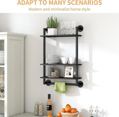 Bathroom Shelves Wall Mounted, 3 Tier Bathroom Shelf with Towel Bar, 26in Stainless Steel Floating Pipe Racks Over Toilet, Wall Shelves for Bathroom Laundry Room Kitchen Storage