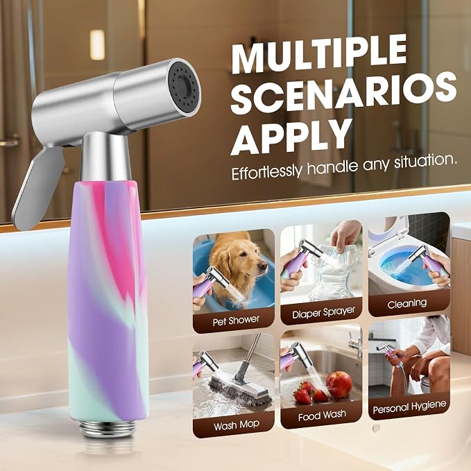 Handheld Bidet Sprayer Head, Stainless Steel Muslim Shower Head for Toilet, Adjustable Pressure Jet Sprayer for Feminine Hygiene and Pet Bath Bathroom Cloth Diaper Cleaning (Multicolor)