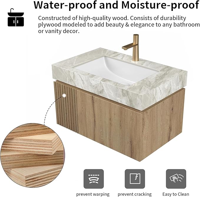 LKTART Floating 30 Inch Bathroom Vanity with Sink, Modern Plywood Wall Mounted Bathroom Storage Cabinet with 1 Door and 1 Drawer, Roma Travertine-Pattern Sintered Stone Countertop and Ceramic Basin