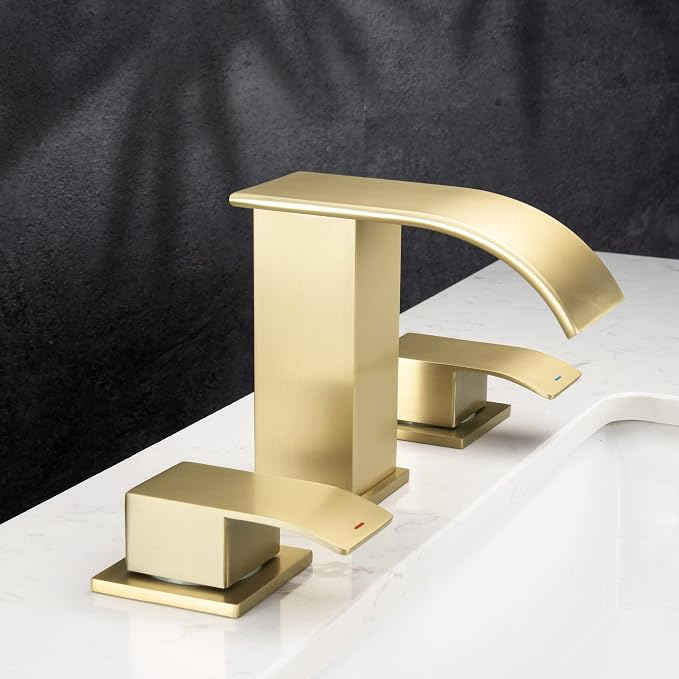 Brushed Gold 8 Inch Waterfall Bathroom Faucet - Bathroom Faucets for Sink 3 Hole, Widespread Bathroom Sink Faucet 2 Handles, Modern Vanity Faucets, with cUPC Supply Lines