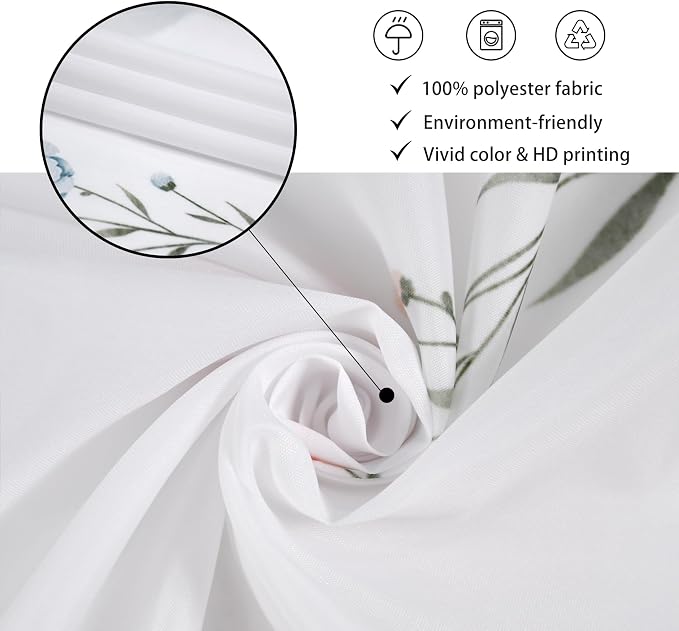 Floral Shower Curtain, Wildflower Botanical Plant Leaves Cute Flower Spring Herbs Elegant Waterproof Fabric Machine Washable for Bathroom Bathtub with Hooks 60Wx72H