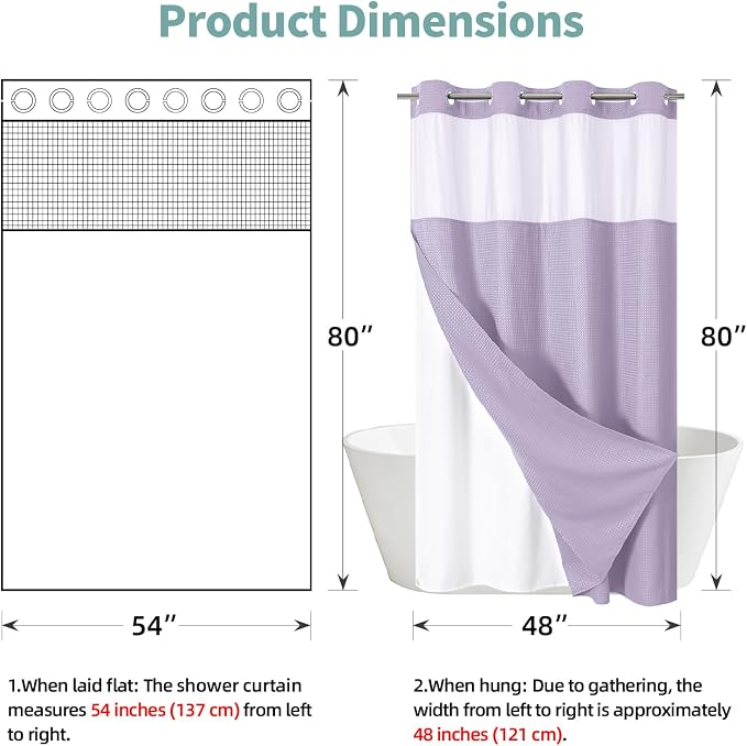 No Hook Waffle Shower Curtain with Snap-in Liner, 54x80 Inch, Lavender | 230GSM waffle weave fabric, waterproof liner set with 2 bottom magnets, mesh window, washable, for shower stalls or bathrooms