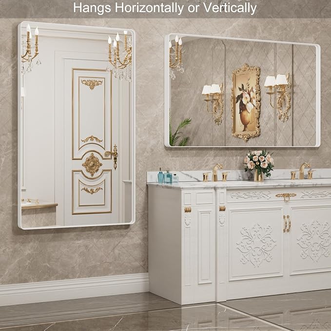 LOAAO White Metal Framed Bathroom Mirror, 60x40 Inch | Rounded Rectangle, Anti-Rust, Tempered Glass, Hangs Horizontally or Vertically