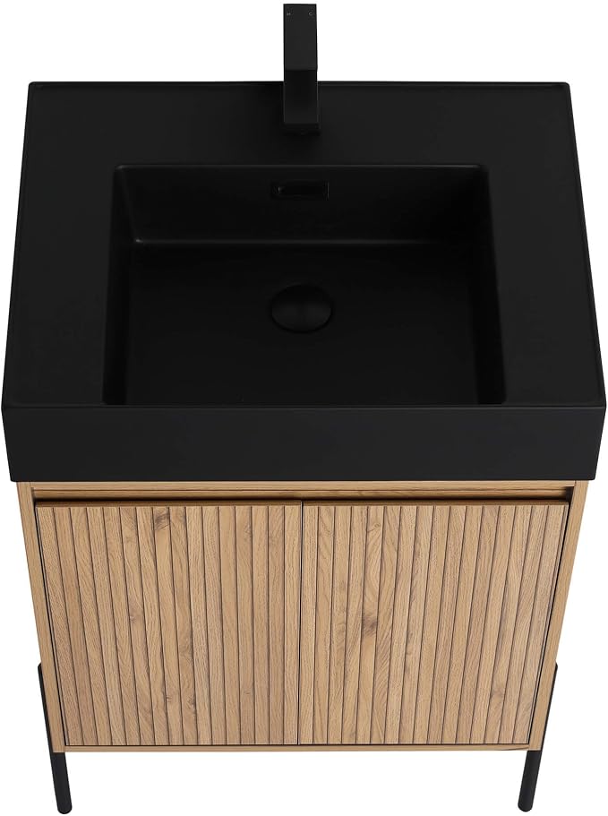 Crownpoint 24 Inch Bathroom Vanity with Sink, Black Sink, Bright Oak Finish, Full Assembly Required, Elegant Bathroom Vanities for Modern Homes