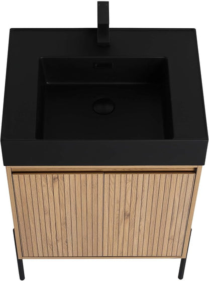 Crownpoint 24 Inch Bathroom Vanity with Sink, Black Sink, Bright Oak Finish, Full Assembly Required, Elegant Bathroom Vanities for Modern Homes