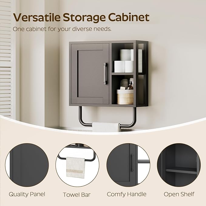 Medicine Cabinet, Bathroom Wall Cabinet with Towel Bar, Adjustable Shelf and Open Partition, Over The Toilet Storage Cabinet, for Bathroom, Laundry Room, Living Room, Kitchen, Black