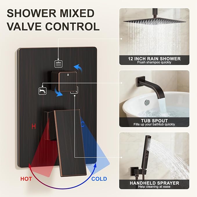 Oil Rubbed Bronze Shower System with Tub Spout, Ceiling Mounted Bathtub Shower Faucet Set, 12" Rainfall Shower Head and Handheld Shower Combo, High Pressure Shower Fixtures Set with Rough-in Valve