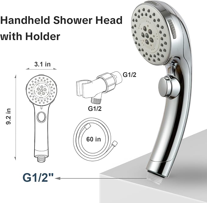 OFFO 5 Mode Handheld Shower Head with On Off Switch for Water Saving, High Flow Powerful Boosting Showerheads with 60" Stainless Steel Hose & Holder, Chrome