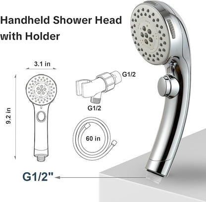 OFFO 5 Mode Handheld Shower Head with On Off Switch for Water Saving, High Flow Powerful Boosting Showerheads with 60" Stainless Steel Hose & Holder, Chrome