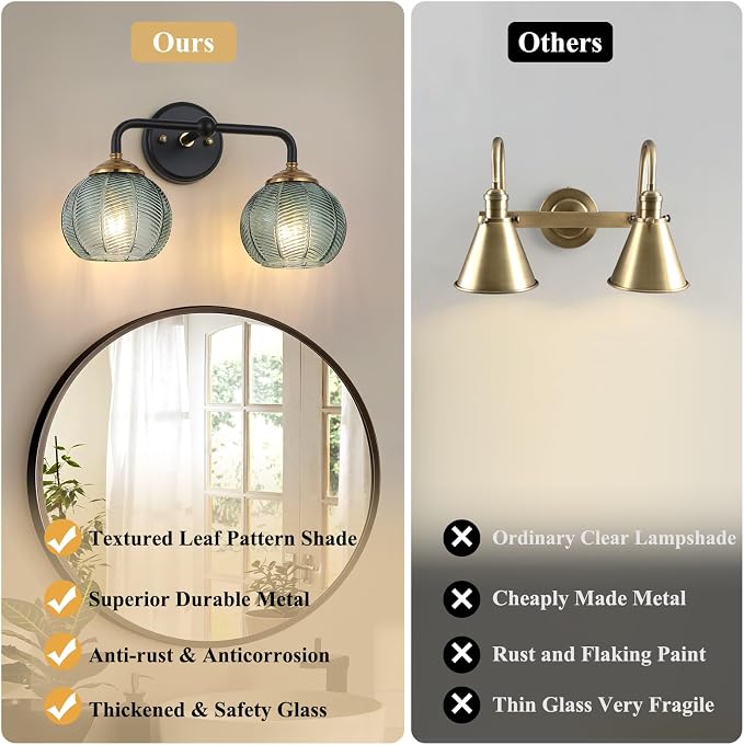 Mecgirn Bathroom Vanity Light Fixtures, 2-Light Green Glass Shade, Modern Black and Gold Wall Sconce, Unique Textured Leaf Pattern, Ceramic E26 Sockets Wall Mounted for Mirror, Cabinet, Hallway