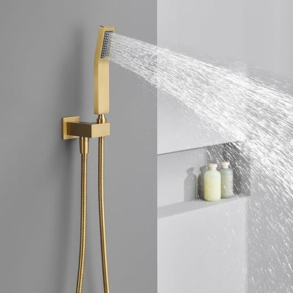 Shower System 12 Inches Rain Shower Combo Set Brushed Gold Ceiling Mount Shower Faucet Bathroom Faucets with Rainfall Shower Head and Hand Shower