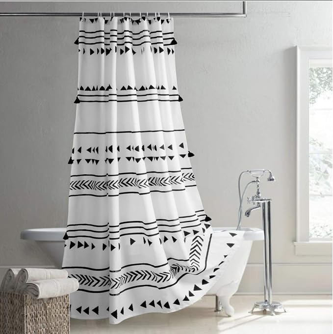Uphome Extra Long Fabric Shower Curtain for Bathroom, Black and White Boho Shower Curtain Set Chic Triangle Geometric Tassel Cloth Bath Curtains, Waterproof Machine Washable for Modern Bathtub 72x84