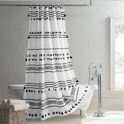 Uphome Extra Long Fabric Shower Curtain for Bathroom, Black and White Boho Shower Curtain Set Chic Triangle Geometric Tassel Cloth Bath Curtains, Waterproof Machine Washable for Modern Bathtub 72x84