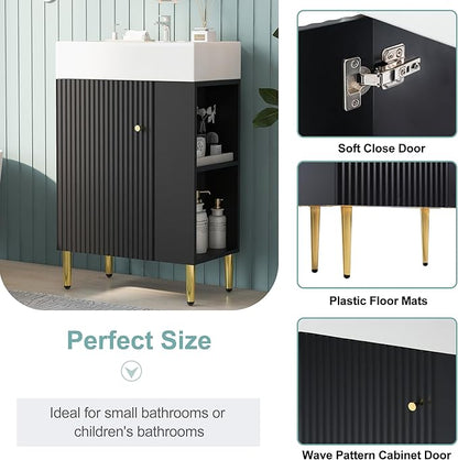 Merax 21.6 Inch Small Bathroom Vanity Sink Combo, Freestanding Bathroom Cabinet with Undermount Ceramic Sink, Modern Bathroom Storage Vanity Soft-Close Doors, Black